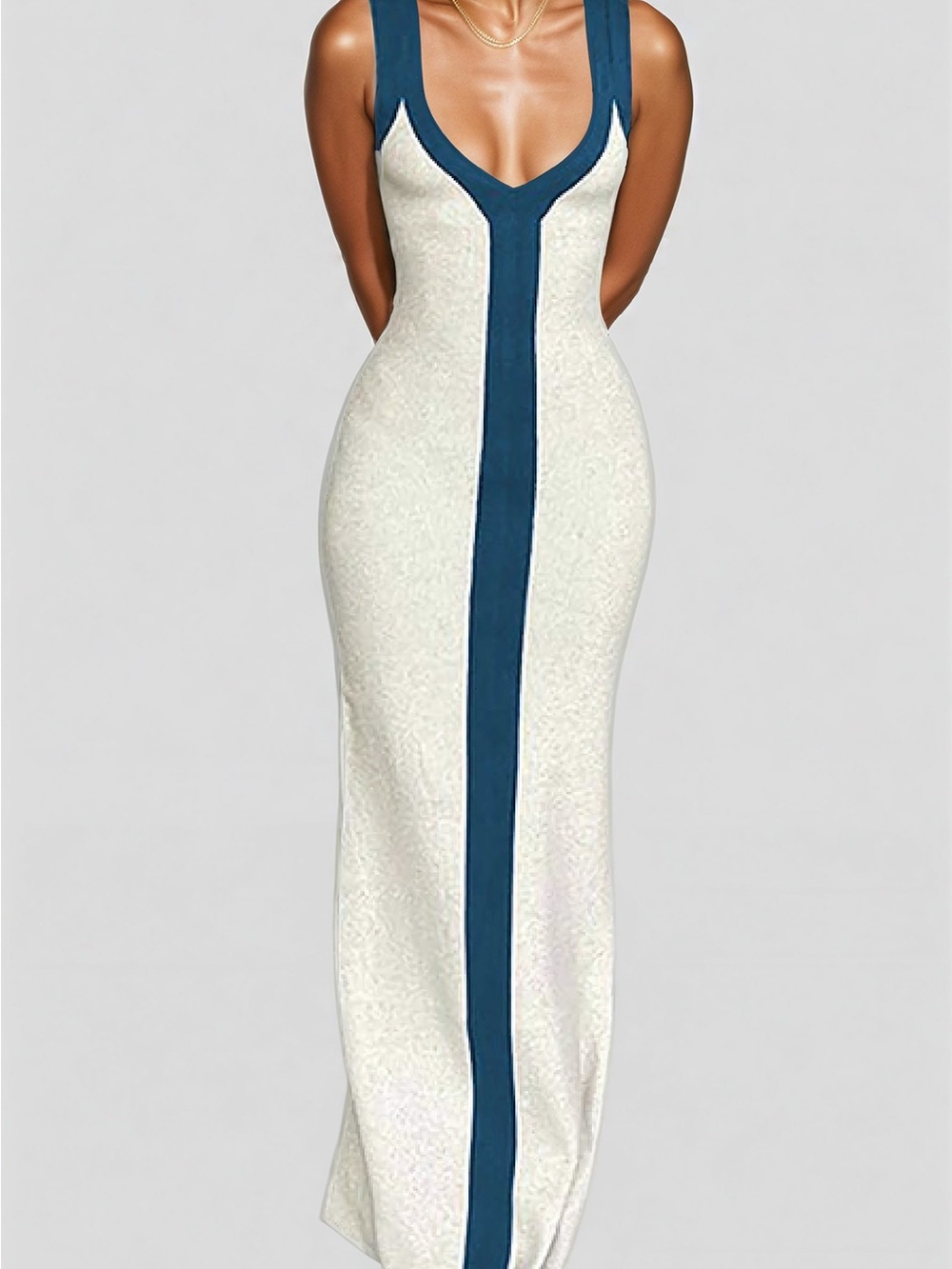 Micas White Colorblock V-neck Ribbed Split Maxi Dress